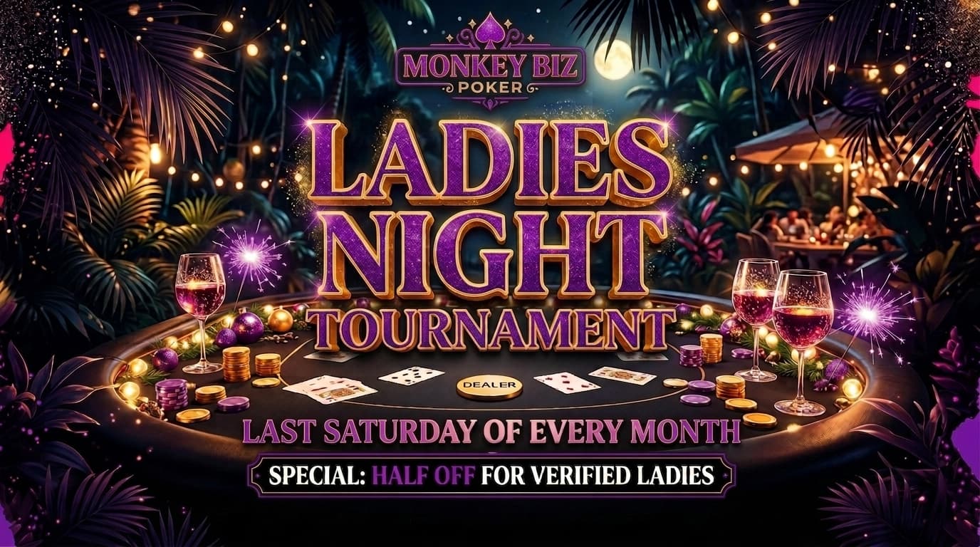 Ladies Night Tournament flyer — last Saturday of every month, half off for verified ladies