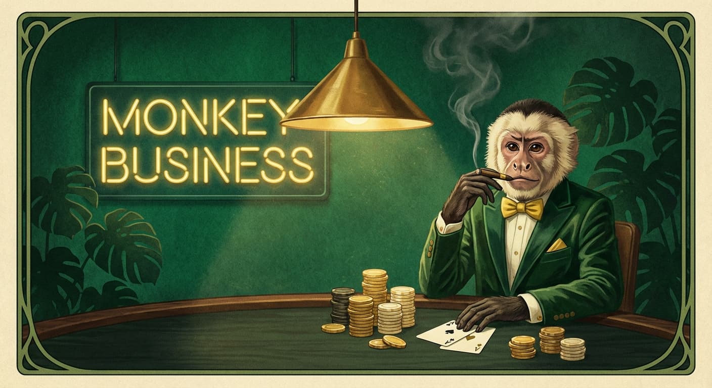 A capuchin in a velvet green tux at the poker table